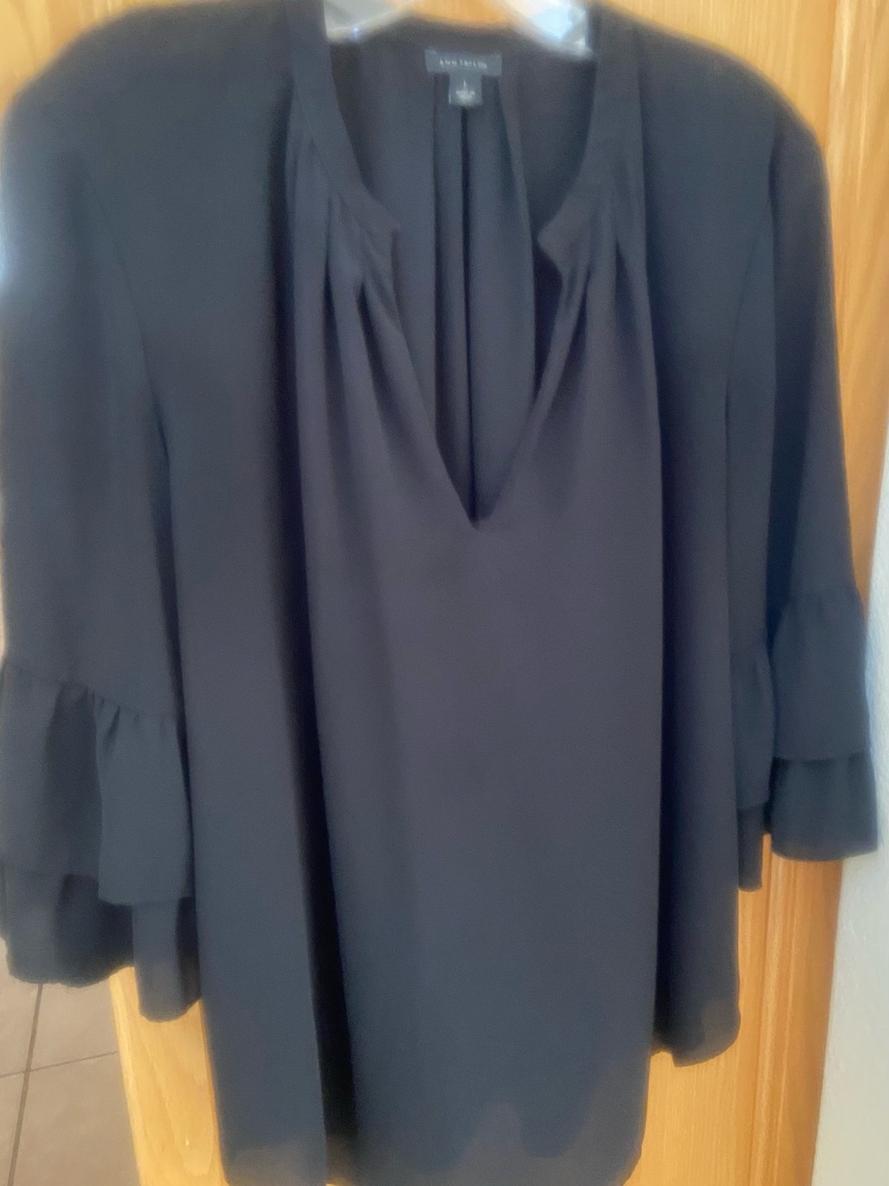 Ann Taylor Black Ruffle-Sleeve, v-neck or hook closure, LG